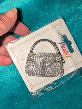 Crystal-Embellished Silver Handbag Pin Brooch -